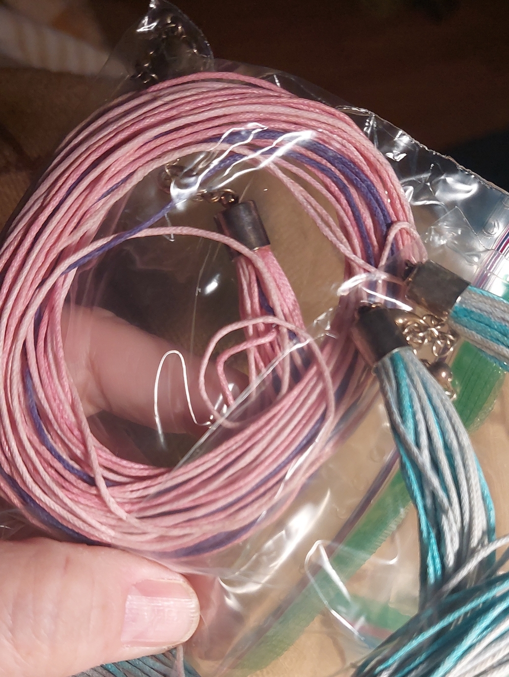 Set Of 2 Pink Multi-Strand Cord Necklace with Purple Accents & Blue One